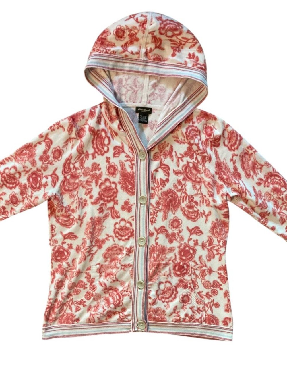 Women's EDDIE BAUER 3/4 Sleeve Floral Hooded Button-Up Cardigan Sweater Sz Large